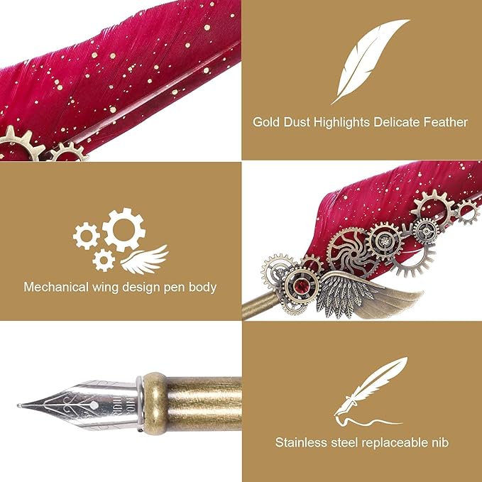 NC Feather Calligraphy Set, Quill Pen Ink Set Includes 5 Bottles of Ink and 6 Replaceable Stainless Steel Nibs, Calligraphy Pen for Writing, Writing Letters, Signing Invitations Etc (Red)