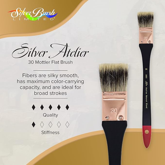 Silver Brush Limited 5401-30 Silver Atelier Flat Mottler Paintbrush for Oil, Acrylic, Watercolor, Gesso and Grounds, Varnish and Top Coat, Size 30, Xtra Long Handle