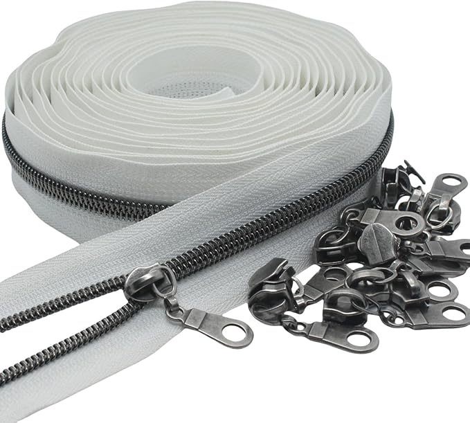 MebuZip #5 Gunmetal Metallic Nylon Coil Zippers by The Yard Bulk Coil Zipper Roll 10 Yards with 25pcs Pulls for DIY Sewing Craft Bags (White)