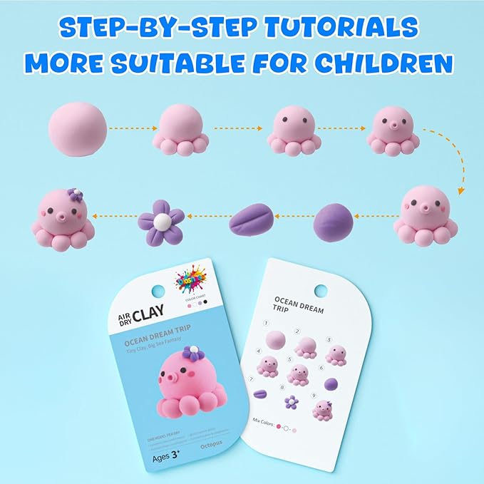 Air Dry Clay for Kids - 6 Ocean Themed Modeling Clay Kit, Model Magic Clay with Sculpting Tools and Tutorials, Ultra Light & Soft, Non-Toxic & Safe, DIY Arts and Crafts School Projects for Kids