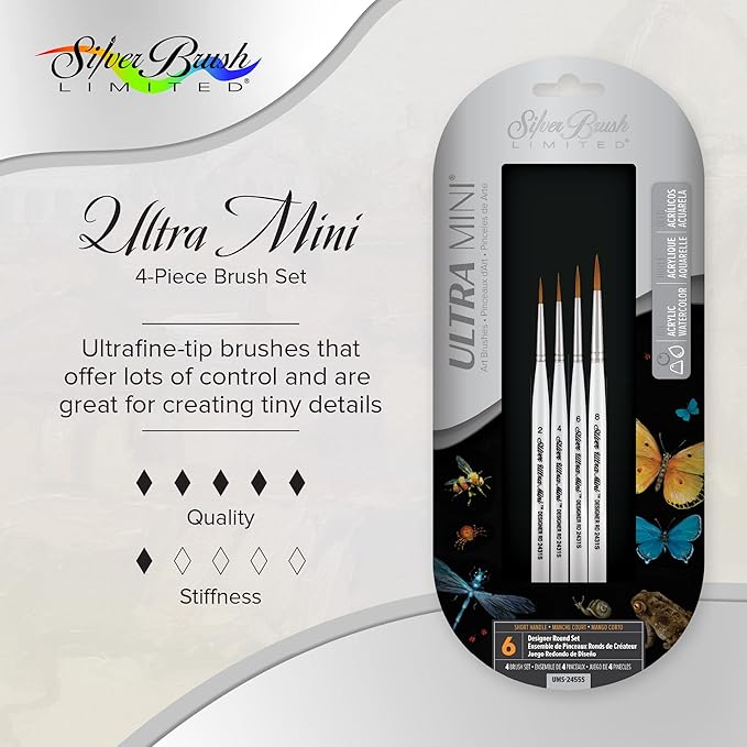 Silver Brush Limited UMS-2455S Ultra Mini Ultimate Round Set for Watercolor, Gouache, Inks, Dyes, Acrylic, & Heavy Body Paints, Set of 4 Round Brushes, Size 2, 4, 6, and 8, Short Handle