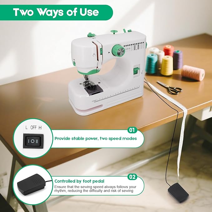 Sewing Machine for Beginners with 12 Built-in Stitches, 6 Included Feet, Portable Sewing Machine with Foot Pedal, High-Low Speeds