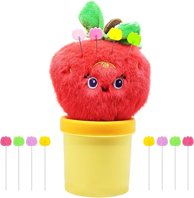 Strawberry Pin Cushion Sewing Tool Set with Magnetic Storage, Including 50 Cute Flowers Needles, Threader, Thimble ＆Tape Measure, Pin Holder for Sewing DesksApplique & Patchwork Crafter.