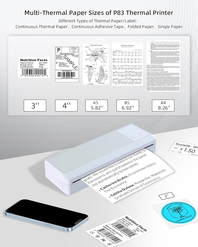A4 Wireless Thermal Printer, Portable Bluetooth Printer, Support Multi-Size Thermal Paper, Compatible with Android and iOS Phone & PC, 300DPI Inkless Printer for Travel, Office, School