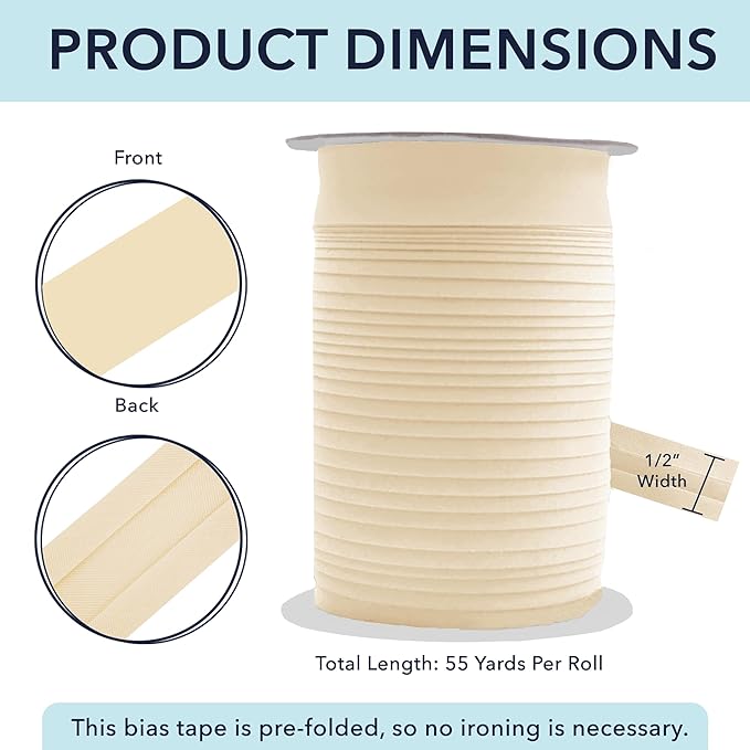 Mandala Crafts 1/2 Inch Single Fold Bias Tape for Sewing, Quilting, Piping, Hemming, Blanket & Quilt Binding – 55 Yards Khaki Fabric Seam Binding Tape