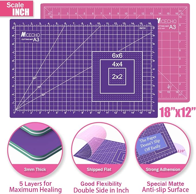 Rotary Cutter Set,Nicecho Sewing Quilting Supplies,45mm & 28 mm Fabric Cutters,8 Rotary Cutter Blades,A3 Cutting Mat for Sewing,6x12 & 2.5x12 In Quilting Rulers,Ideal Quilt kits for Lovers & Beginners