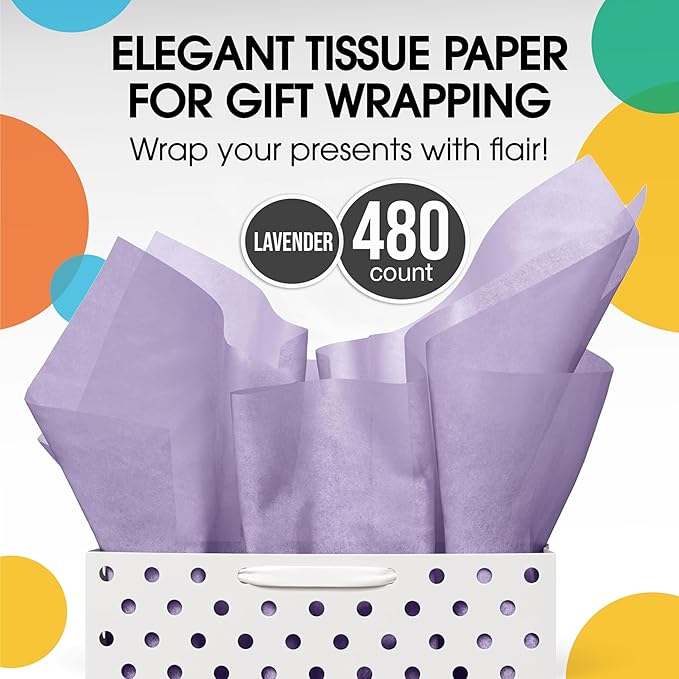 Party Solids Lavender Tissue Paper for Gift Bags - 20" X 30" Bulk Tissue Paper Lavender 480 Sheets - 10lb Newsprint for Packing, Birthday Gift Box Filler, Packing Supplies for Moving Supplies