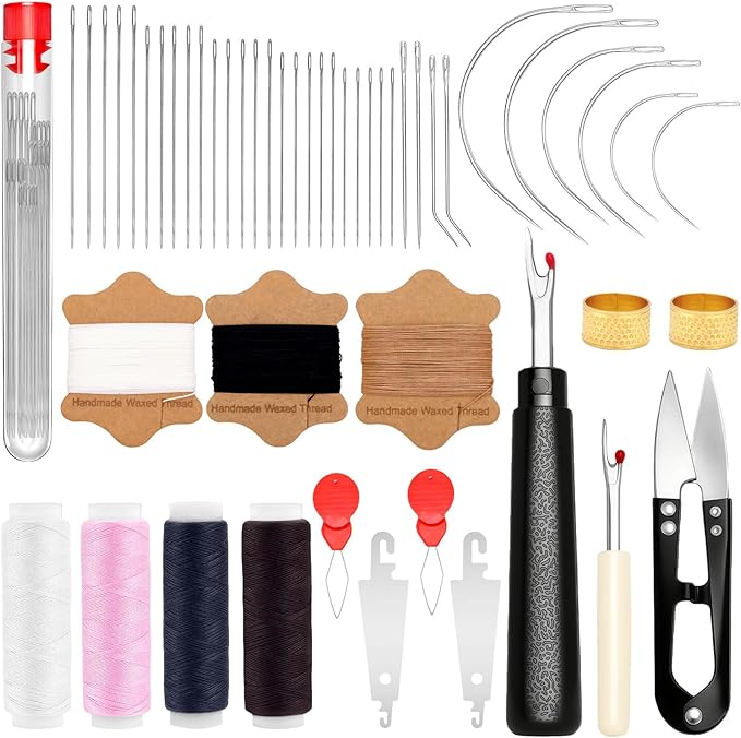 51Pcs Sewing Tool Set Heavy Duty Sewing Kit Big Eye Steel Sewing Needles Thread Kits Hand Sewing Kit for Upholstery Repair Leather Heavy Duty Thread Strong Large Eye Sewing Needle Seam Ripper Thimbles