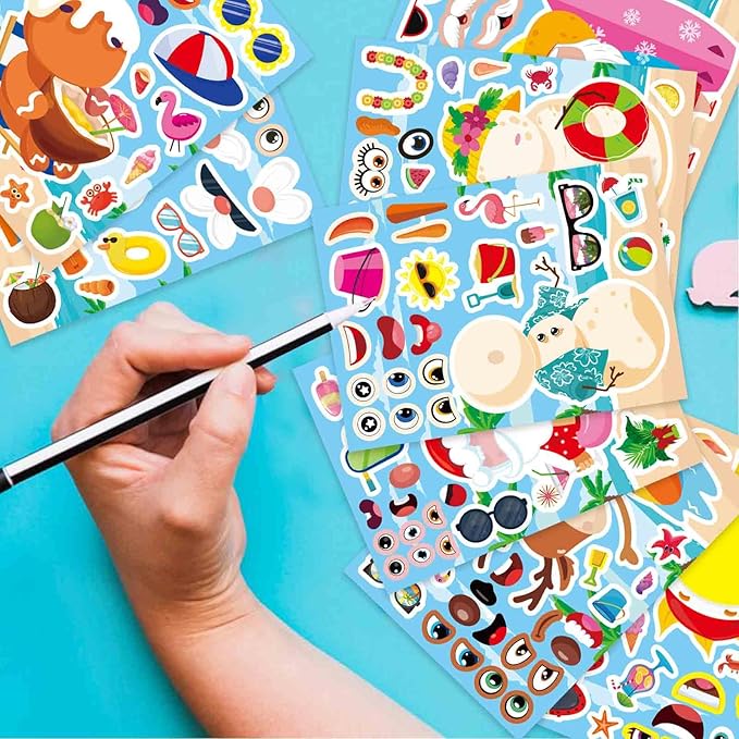 24 PCS Hawaiian Tropical Summer Stickers for Kids, July Christmas Stickers, Make Your Own Mix and Match Sticker with Santa Claus, Reindeer, Gingerbread Man and Snowman, Summer Holiday Party Favor