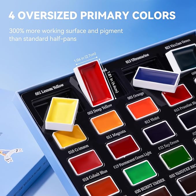 Watercolor Paint Set, 24 Colors Full-Pan Solid Watercolors with 4 Oversized Primary Colors, Highly Pigmented, Removable & Refillable Pans, Ideal for Beginners, Artists & All Skill Levels