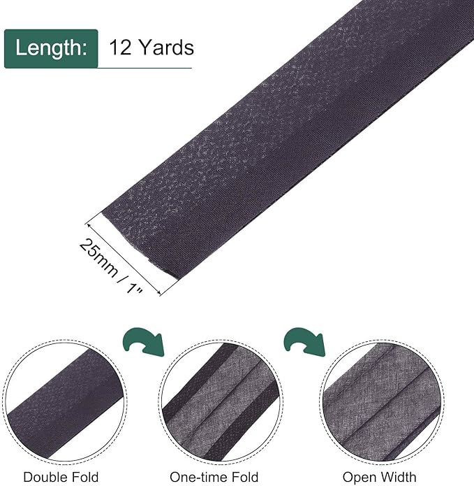 MECCANIXITY 1 Inch Double Fold Bias Tape Continuous Bulk Cotton Bias Tape for Sewing Seaming Quilting Hemming Binding Crafts (Gray Black 12 Yards)