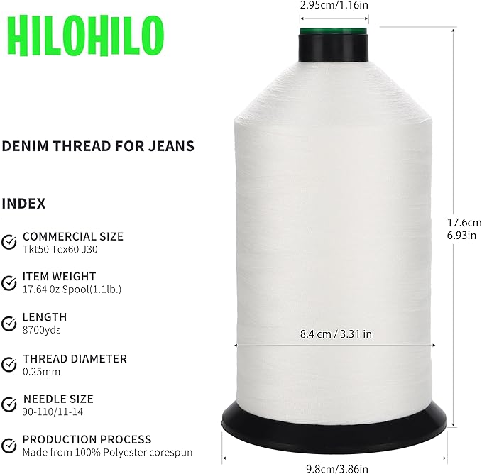 Polyester Corespun Denim Thread Tkt50 Tex60 J30, 8700yds, Suitable Light-Weight Denim Clothing and Home Decor,Mattresses,Curtains(White)