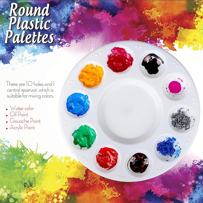 FANDAMEI Round Paint Tray Palettes and Paint Brushes Set, Paintbrushes, 3 PCS Plastic Paint Palettes Pallets, 10 PCS Acrylic Paint Brushes, Nylon Hair Painting Brushes, for Acrylic Oil Watercolor