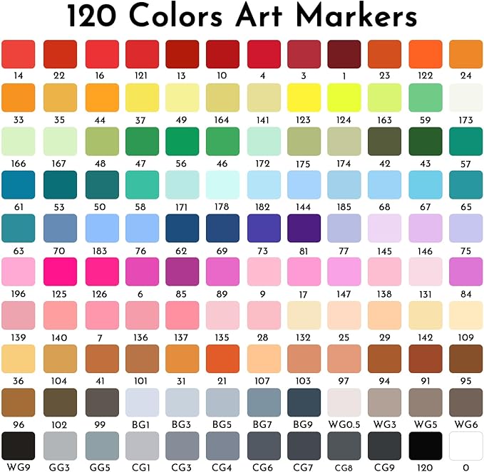 ABEIER Alcohol Markers, 120 Colors Dual Tip (Fine & Chisel) Art, Coloring Markers for Adults Kid, Ideal for Book Drawing Sketching Painting, Card Making, Includes 1 Colorless Blender