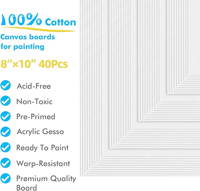 GOTIDEAL Bulk Canvas Boards for Painting, 8x10 inch Value Pack of 40, Gesso Primed Canvases for Painting - 100% Cotton Art Supplies Canvas for Acrylic Paint, Pouring, Oil Paint