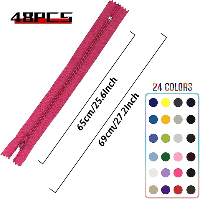 Zippers for Sewing, DOITEM 24 pcs 65cm/26 Inch Multicolor Nylon Coil Zippers for Sewing and Crafts 24 Colors