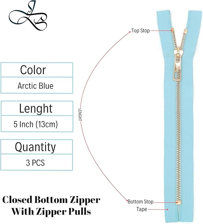 #5 Gold Metal Zipper - 50+ Colors - 3 PCS - (4-14 inches) Sizes - Luxury Lightweight Handcraft Metal Zippers with pulls for Purses Bags Pockets Shoes Sewing & Crafts DIY ZP02365