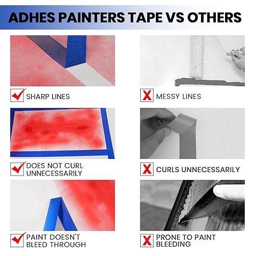 ADHES Upgrade Blue Painters Tape, Masking Tape for Painting 6 Rolls x 1.88 Inch x 60 Yards, Blue Paint Tape No Residue Outdoor Anti UV Multi Surface Use, Total 360 Yards