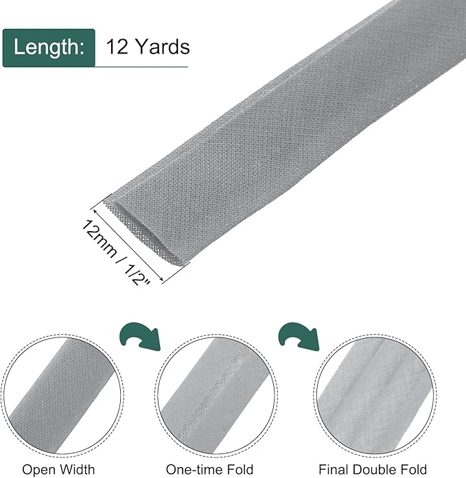 MECCANIXITY 1/2 Inch Double Fold Bias Tape Continuous Bulk Cotton Bias Tape for Sewing Seaming Quilting Hemming Binding Crafts (White Gray 12 Yards)
