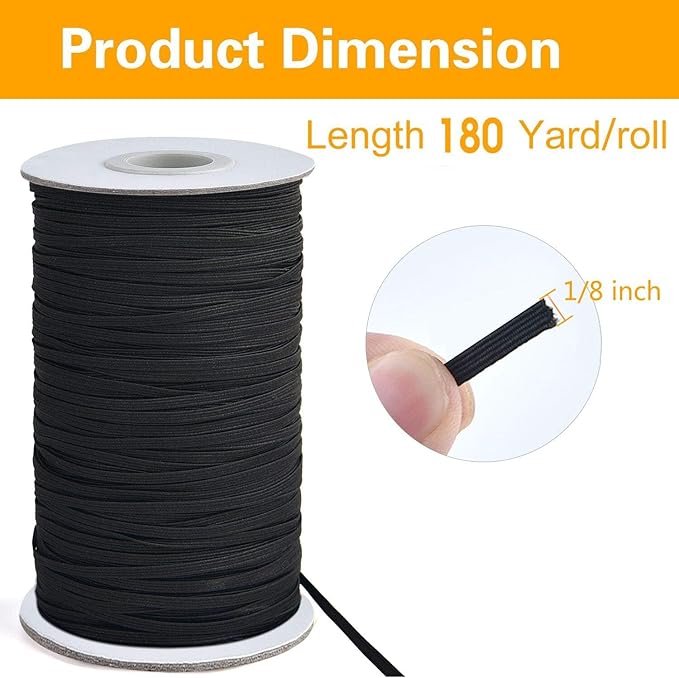 Coopay 180 Yards Length 1/8" Width Elastic Bands Flat Elastic Cord Rope Heavy Stretch Spool Knit for Sewing DIY Projects, Arts & Crafts (Black, 1/8 Inch)