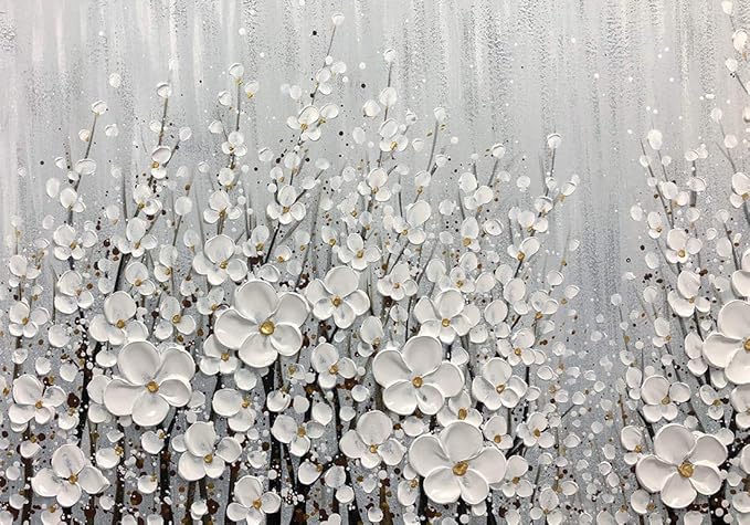 V-inspire Art, 24x48 Inch Hand Painted 3D White Flowers Wall Art Abstract Canvas Oil Paintings Wall Decorations for Living room Dining room Bedroom Artwork for Home Walls