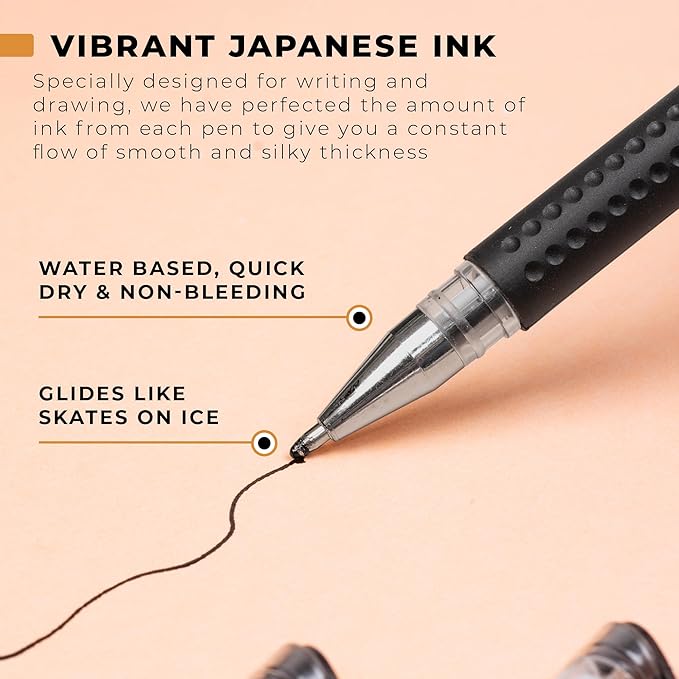 5 Black Drawing Gel Pens - 5 Tip Sizes - 0.38, 0.5, 0.7, 1.0, 1.2mm for Artists - Extra Fine, Fine, Medium, Bold, Super Bold - Japanese Ink for Art, Drawing, Writing, Journaling