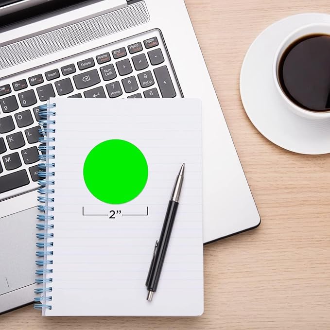 ChromaLabel 2 Inch Round Colored Stickers, High Visibility Green Dot Labels for Color Coding, Writable Circle Stickers - 500 Sticker Dots per Roll, Matte Finish Fluorescent Green - Case of 10