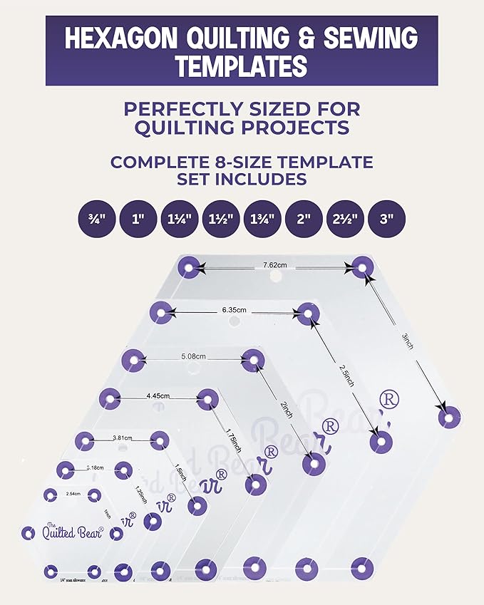 The Quilted Bear Hexagon Quilting Templates – 8 Clear Non-Slip Acrylic Quilt Templates for Precise Fabric Cutting & Stress-Free Machine Quilting - Ideal for Quilt & Sewing Supplies (¾–3")