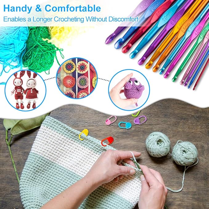 Vodiye 14 Sizes Crochet Hooks Set 2.0–10.0mm, Colorful Metal Crochet Needles, Ergonomic for Comfortable Crocheting