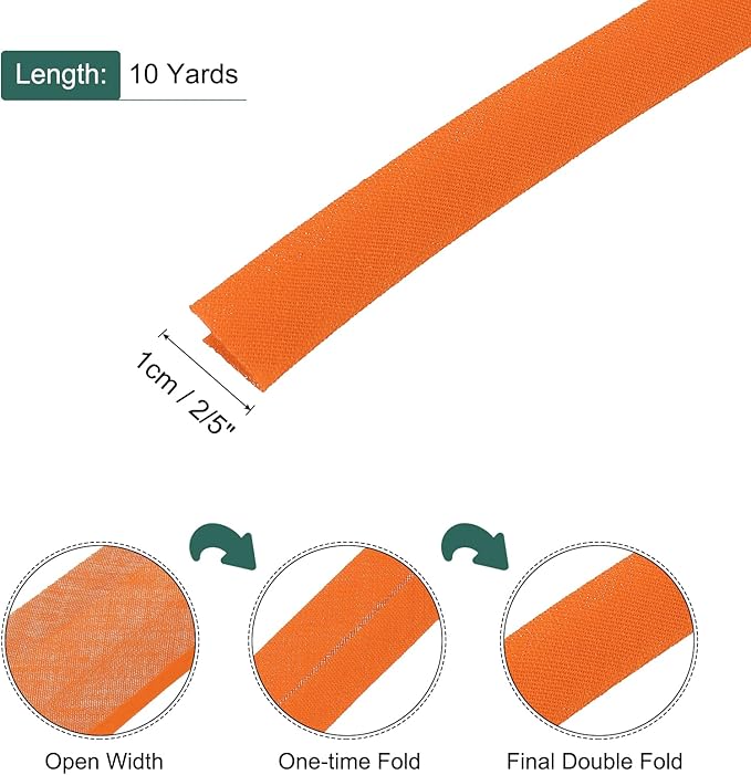 MECCANIXITY 2/5 Inch Double Fold Bias Tape Polyester Continuous Bulk Bias Tape for Sewing,Seaming Quilting Hemming Binding Crafts (Orange 10 Yards)