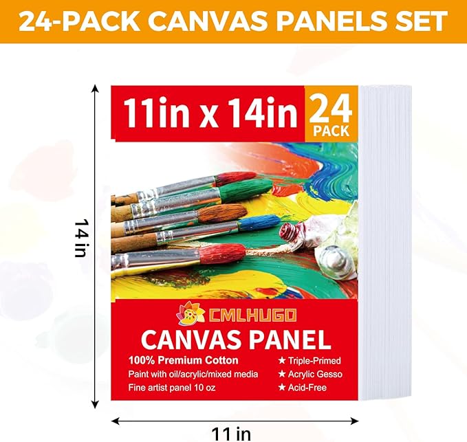 24 Packs 11x14 Blank Boards for Painting Kids, Art Canvases for Painting,Primed Acid-Free 100% Cotton Canvas Panels for Acrylic Oil Watercolor