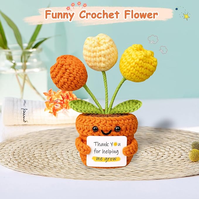 Positive Crochet Tulip Flower, Handmade Emotional Support Knitted Tulip Flowers Inspirational Gift for Women - Thank You, Appreciation, Positive Gift for Teacher, Mom, Friend, Coworker