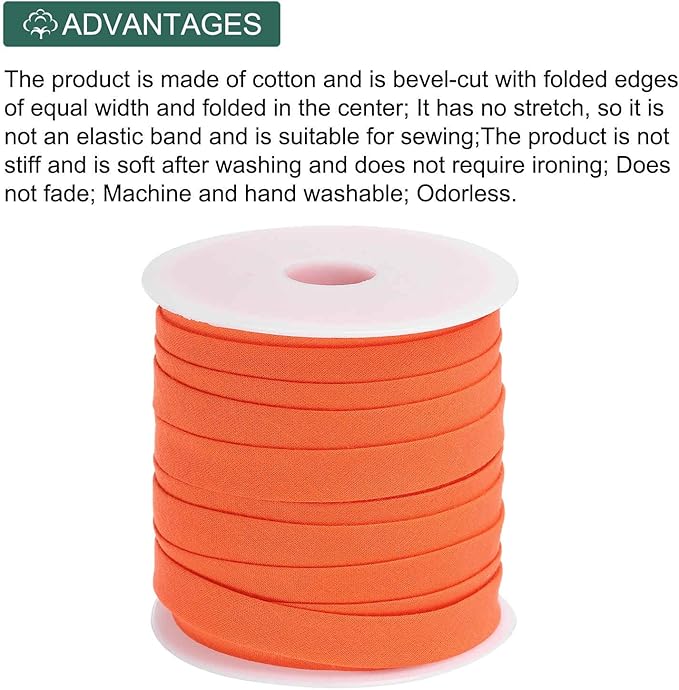 MECCANIXITY 2/5 Inch Double Fold Bias Tape Continuous Bulk Bias Tape for Sewing, Seaming Quilting Hemming Binding Crafts (Orange 25 Yards)