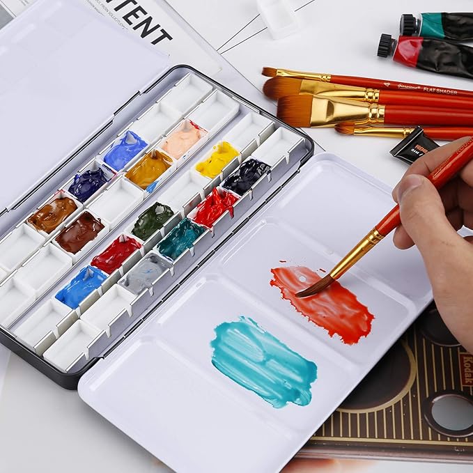 MYARTOOL Metal Palette Case - Fold-Out Paint Tins Hold 24 Pans, Travel Palette for Watercolor & Acrylic Painting