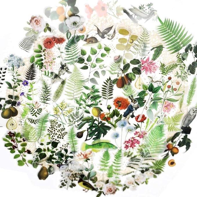 Doraking 65PCS Plants Scrapbook Stickers, DIY Decoration Transparent Sulfuric Paper Green Plants for Scrapbook, No-Repeat