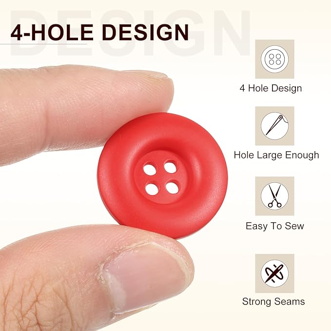 HARFINGTON 50pcs Sewing Button 23mm (7/8 Inch) 4 Holes Resin Thickened Round Crafting Replacement Buttons for Clothing DIY Crafts Decoration, Red