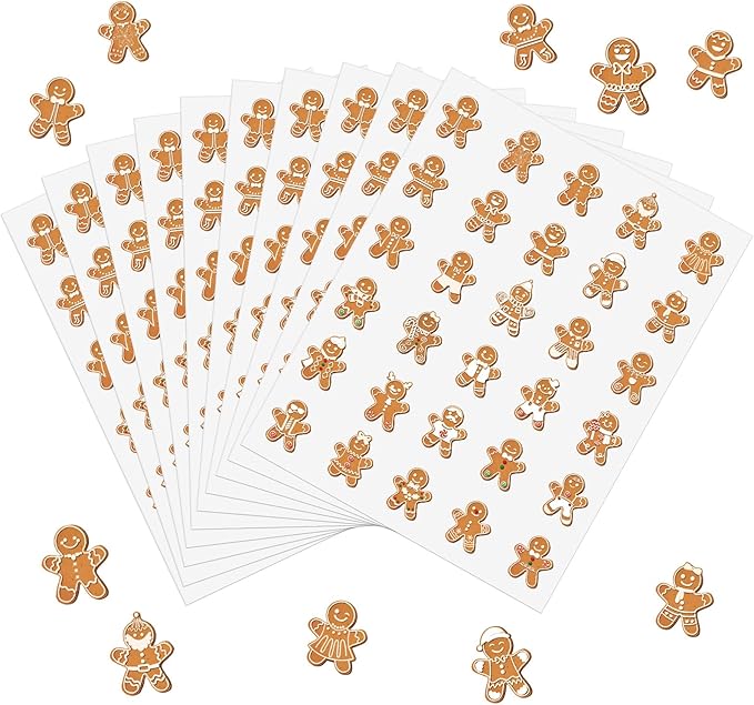 300 Pcs Christmas Gingerbread Man Stickers Assorted Mini Gingerbread Stickers Party Favors Aesthetic Waterproof Vinyl Decals for Holiday Card Scrapbooking Bottle