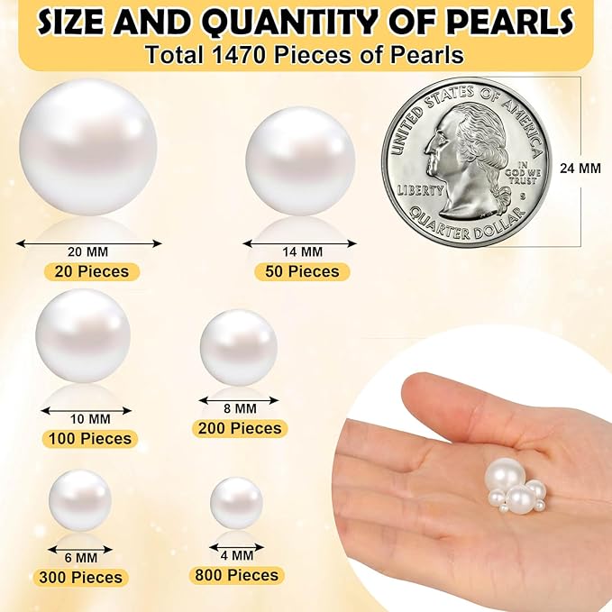 1470PCS Pearls for Crafting, Assorted Sizes Ivory No Hole Pearl Beads,Fake Pearls, Bulk for Floating Candles, Decoration, Vase Filler and Centerpieces