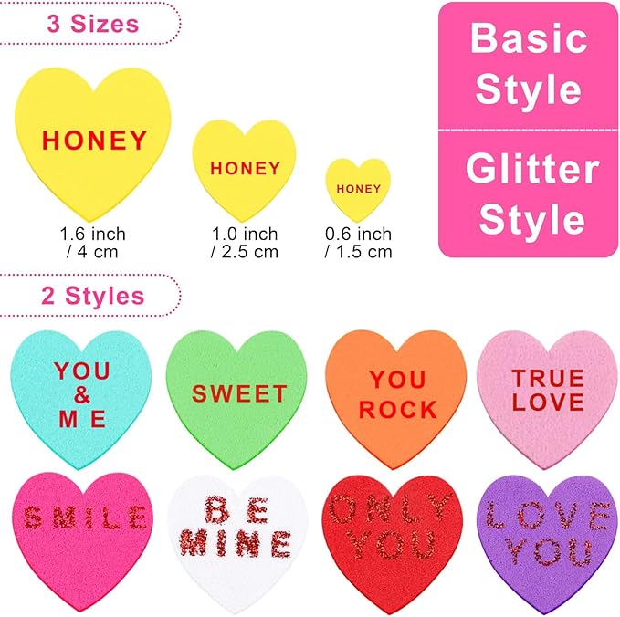 Fovths 500 Pieces Valentine Heart Foam Stickers Glitter Self-Adhesive Heart Shape Stickers Conversation Stickers for Greeting Cards, DIY Scrapbooking, Arts Craft Supplies, Assorted Sizes
