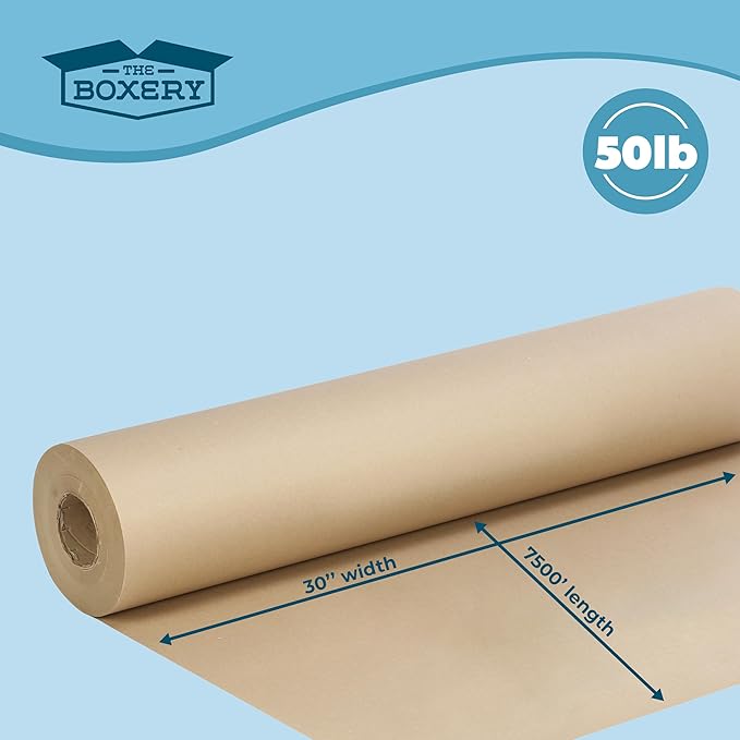 The Boxery Kraft/Brown Kraft Paper Roll, 30” x 9000” (750’)-50lb. Thickness, Heavy Duty Brown Wrapping Paper, Natural Kraft Packing Paper, Void Fill, Arts and Crafts, Bulletin Boards, Gift Wrapping