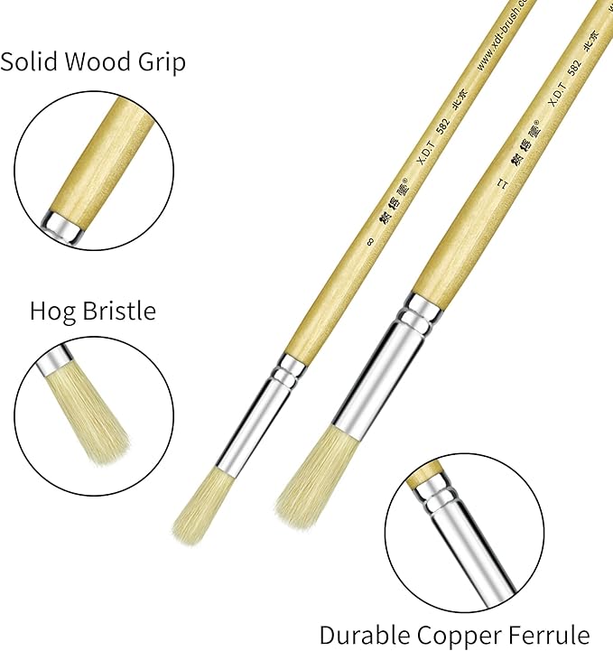 XDT#582 Round Tip Artist Paint Brush 6 Piece Set Medium Stiff Hog Bristle Extra Long Handle #2#4#6#8#10#12, Best Brush for Painting Oil Acrylic Watercolor On Canvas