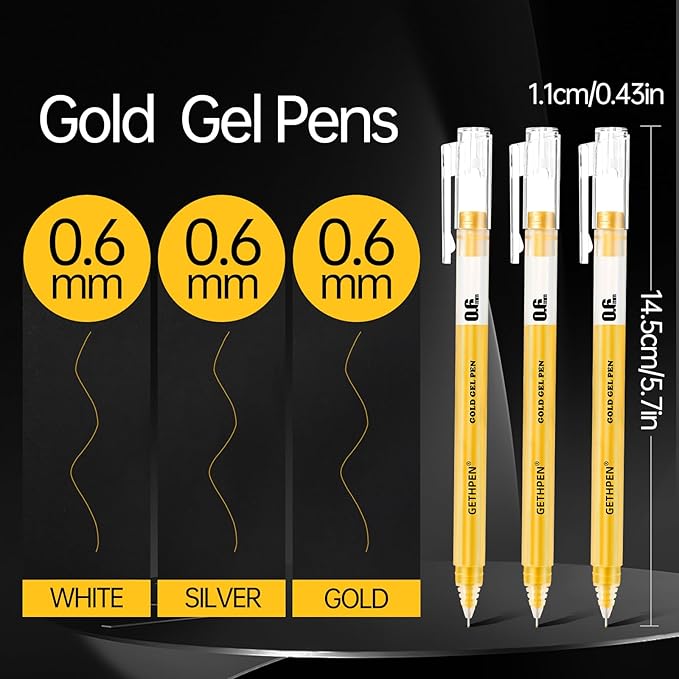 0.6mm Fine Point Gold Gel Pens, 3-Pack for Artists Drawing on Black Paper, Sketching, Adult Coloring Books & Holiday Crafts