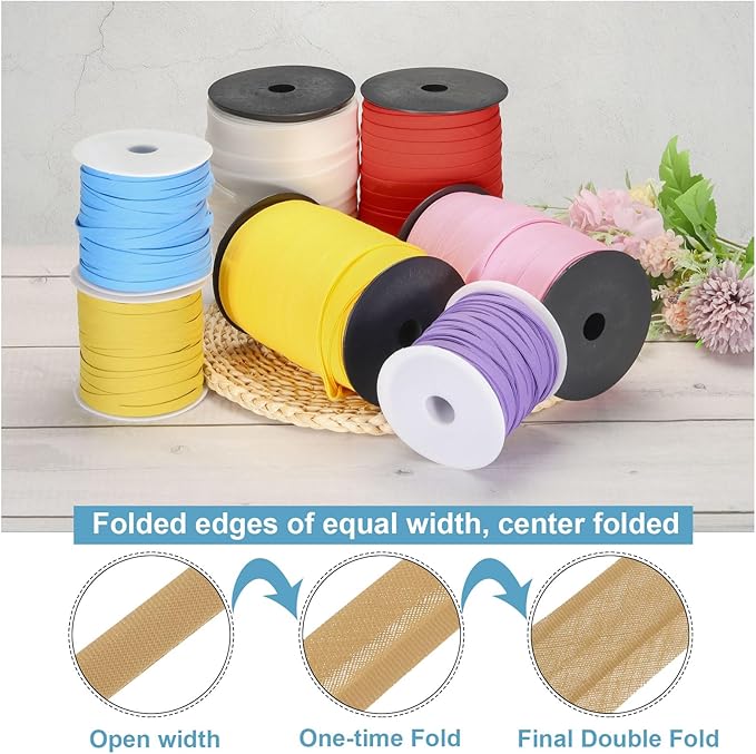 MECCANIXITY 1/4 Inch Double Fold Bias Tape Polyester Continuous Bulk Bias Tape for Sewing,Seaming Quilting Hemming Binding Crafts (Khaki 55 Yards)
