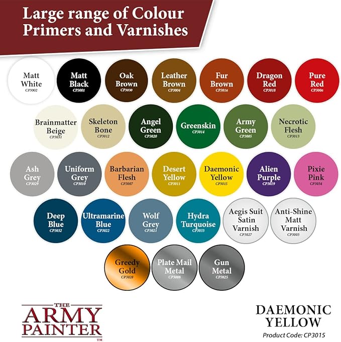 The Army Painter Colour Primer Daemonic Yellow, 400 mL Acrylic Spray Primer, Spray Paint Basecoat for Miniature Priming, Tabletop Roleplaying, Boardgames, and Wargames Miniature Modelling