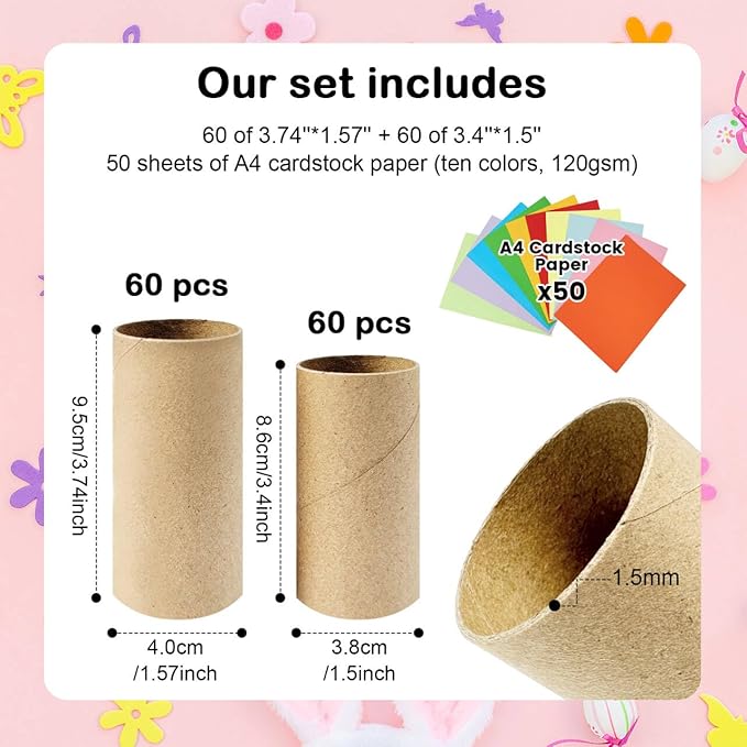 120-Pack Kraft Cardboard Tubes for Crafts-1.57x3.74 Inches&1.5x3.4 Inches-Resistant Toilet Paper Rolls for DIY, School Supplies & Art Projects-Include 50 Sheets A4 Colorful Paper-Brown