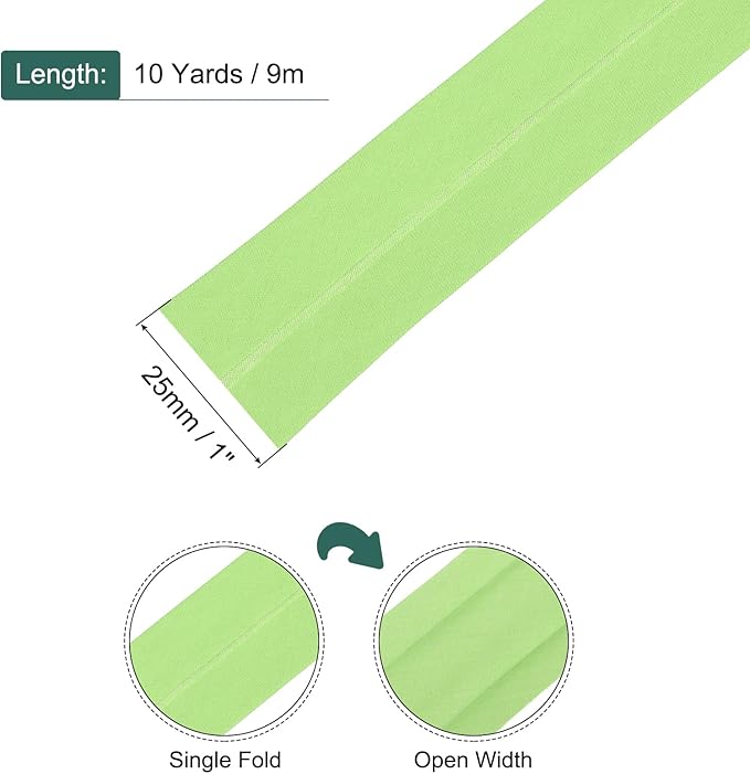 MECCANIXITY 1 Inch Single Fold Bias Tape Cotton Continuous Bulk Bias Tape for Sewing, Seaming Quilting Hemming Binding Crafts (Green 10 Yards)