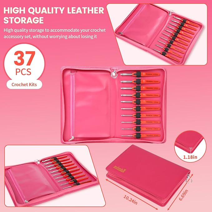 37 pcs Crochet Hooks Set, 10 Sizes (2.0-6.5mm) Stainless Steel Crochet Hooks with Ergonomic Handles with e Case，Perfect for Beginners and Professionals, Durable Crocheting Kit for All Yarn Projects