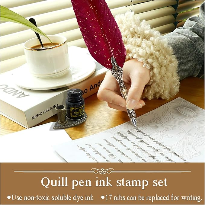 Quill Pen and Ink Set,Feather Pen Ink Set Includes Quill Pen and wooden dip pen,Ink,17 Replacement Nib,Pen Base,3 Wax Seal Sticks,Stamp,White Wax, Spoon,Envelope Letter Paper,envelope tool(Red)