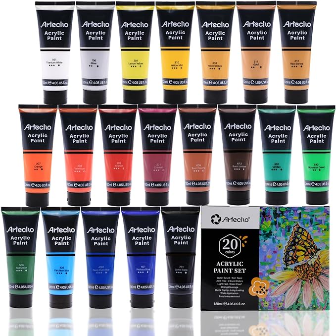 Artecho Professional Acrylic Paint Set, 20 Primary Colors (120ml / 4.05oz) Tubes, Art Craft Paints for Canvas, Rock, Stone, Wood, Fabric, Art Supplies