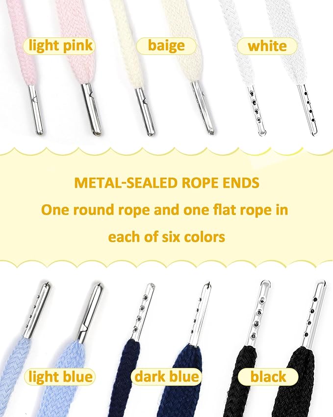 FIVEIZERO 16pcs Drawstring Cord Kit-12pcs Hoodie Strings (Flat & Round,6 Light Colors) with Drawstring Threader Tools,Bodkin,Rope Threader–Draw String Replacement for Pants,Shorts,Shoes
